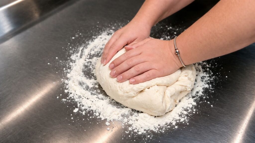 homemade fondant recipe – kneading fondant by hand on a powdered sugar dusted work surface