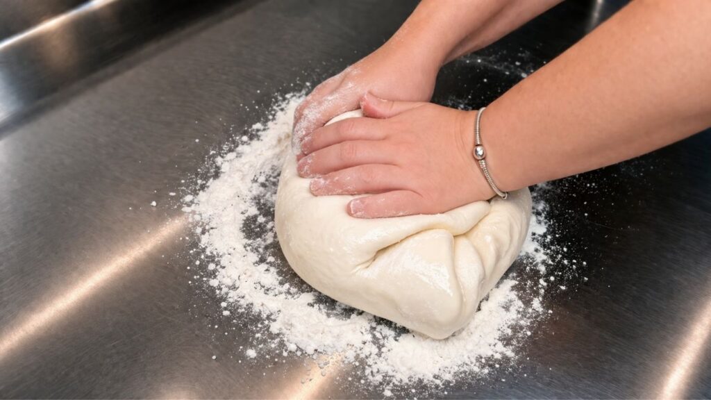 homemade fondant recipe – kneading fondant by hand on a powdered sugar dusted work surface