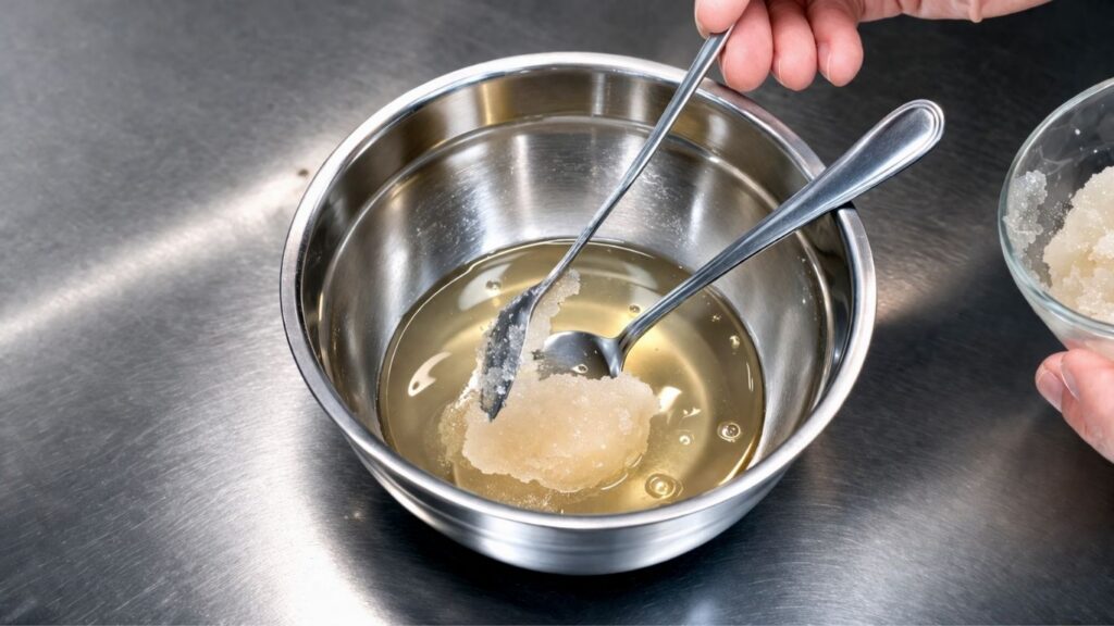 homemade fondant recipe – adding bloomed gelatin into hot dextrose mixture