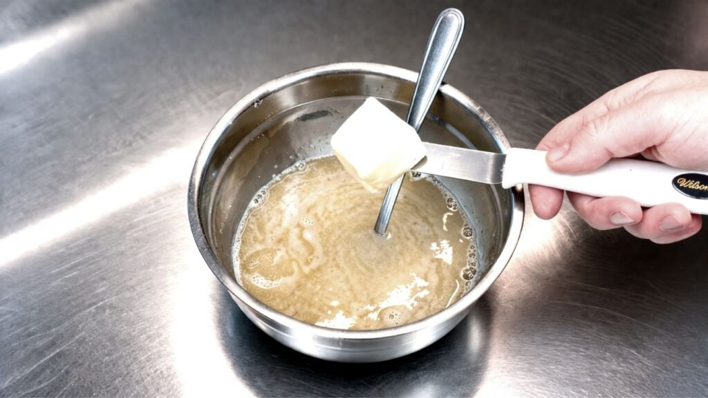 homemade fondant recipe – melting butter into hot dextrose and gelatin mixture