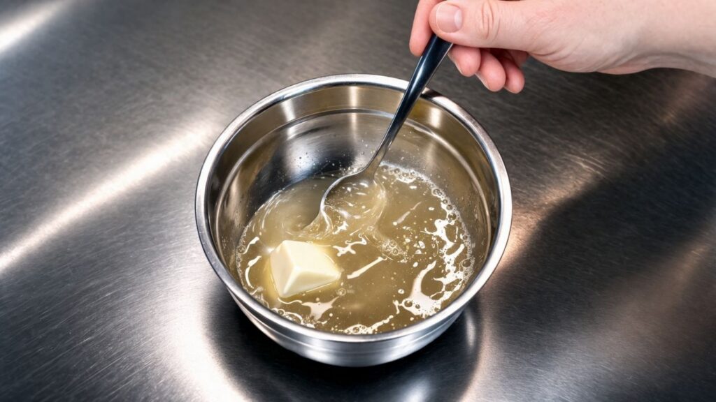 homemade fondant recipe – melting butter into hot dextrose and gelatin mixture