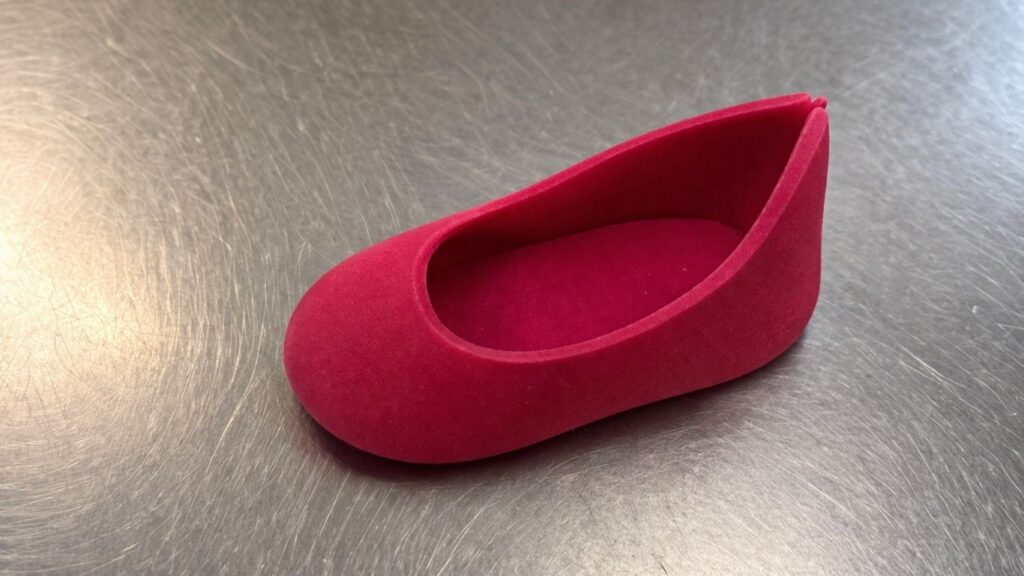 Pink fondant baby shoes with upper part attached to sole ready for next step