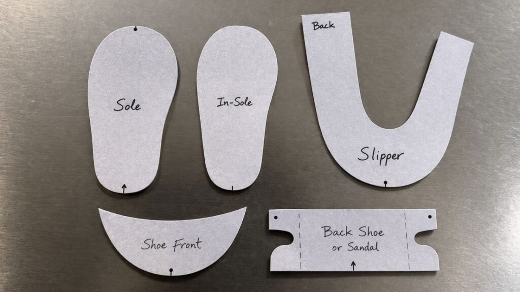 Paper template for fondant baby shoes with sole, in-sole, shoe front, back, slipper and sandal strap pieces