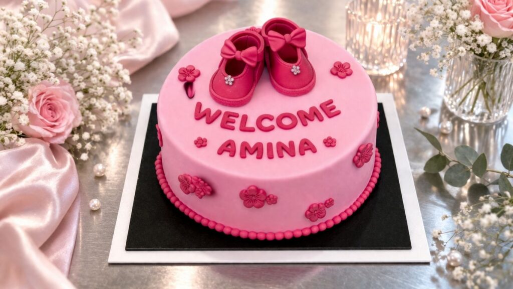 Pink fondant welcome baby cake decorated with hot pink fondant baby shoes with bows on top