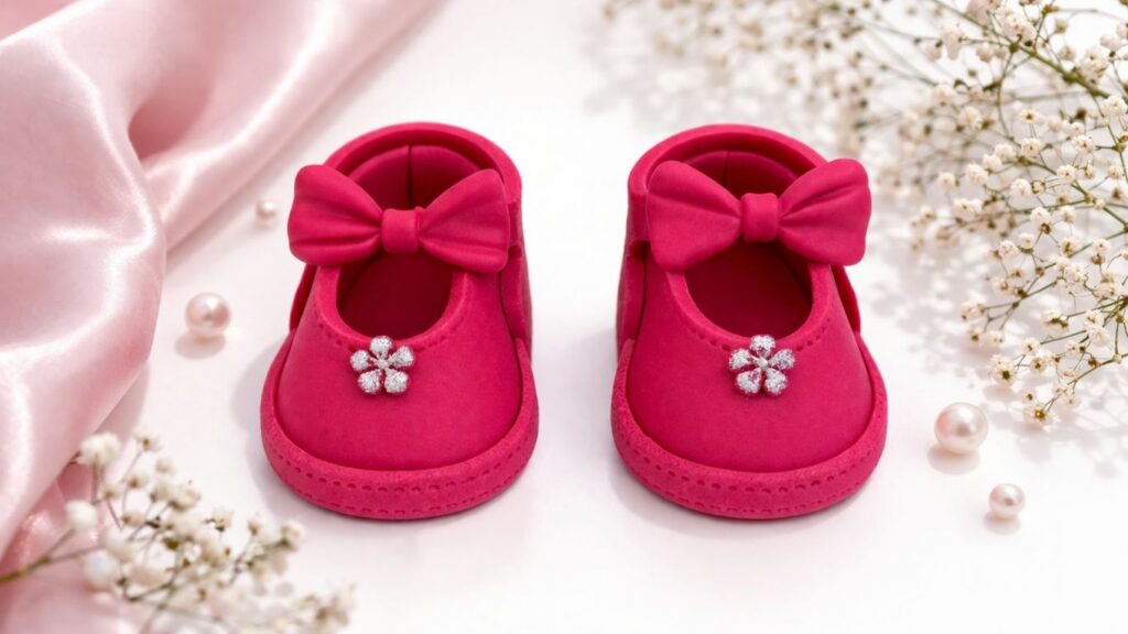 Handmade hot pink fondant baby shoes with bows and flower details on white background