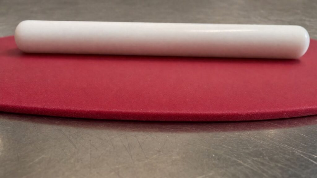 Rolled out pink fondant with rolling pin on smooth surface ready for cutting fondant baby shoes