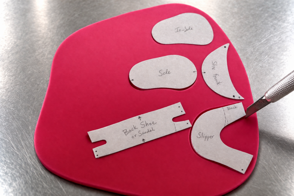 Cutting fondant baby shoes pieces using scalpel and paper template for precise shapes