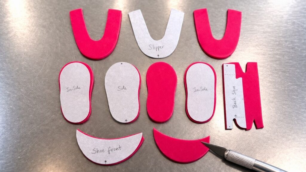 Cut out pink fondant baby shoes pieces including sole, in-sole, shoe front, back and slipper ready for assembling