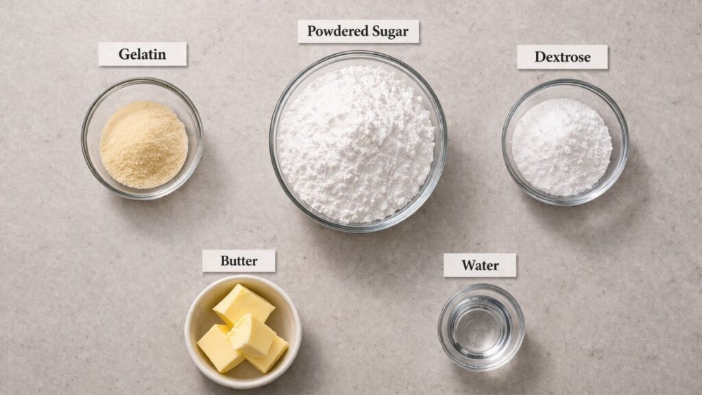 homemade fondant recipe ingredients – dextrose, gelatin, powdered sugar and butter on a table