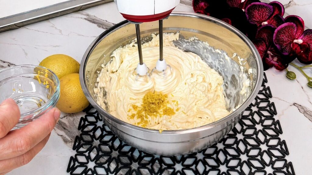 Adding lemon zest to the cream filling for no-bake lemon cake