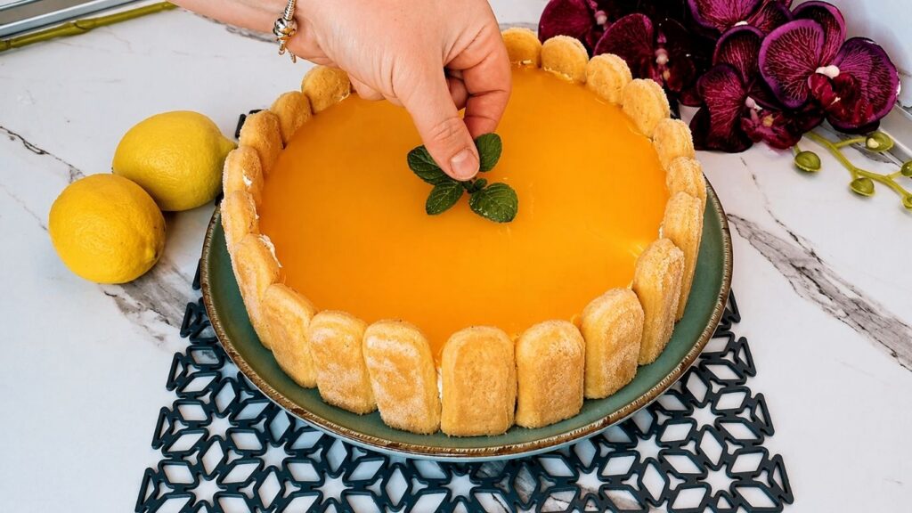 Finished no-bake lemon cake with ladyfingers, glossy lemon glaze, and fresh mint on top