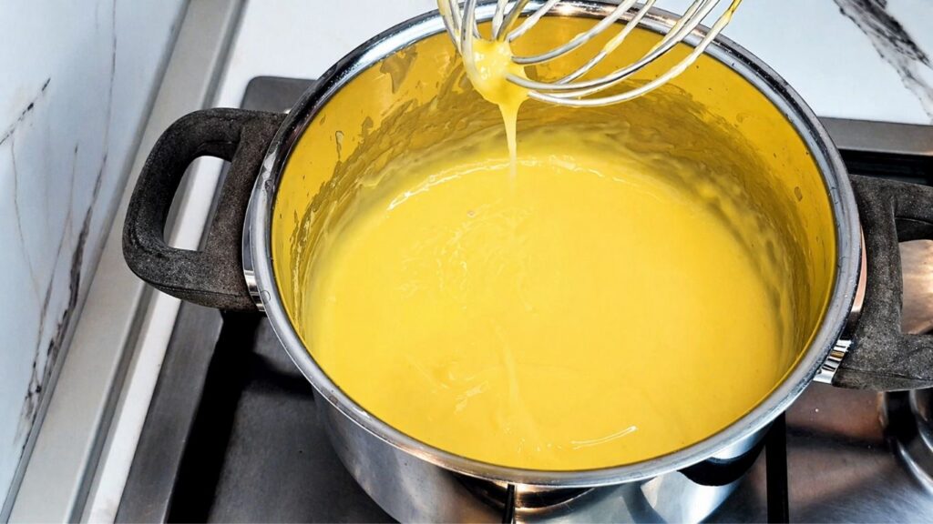 Cooked cream filling for no-bake lemon cake after thickening on the stove