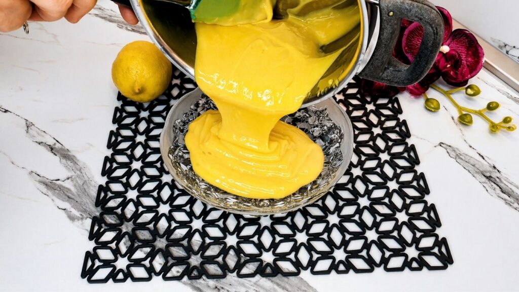 Cooked cream filling for no-bake lemon cake after thickening on the stove