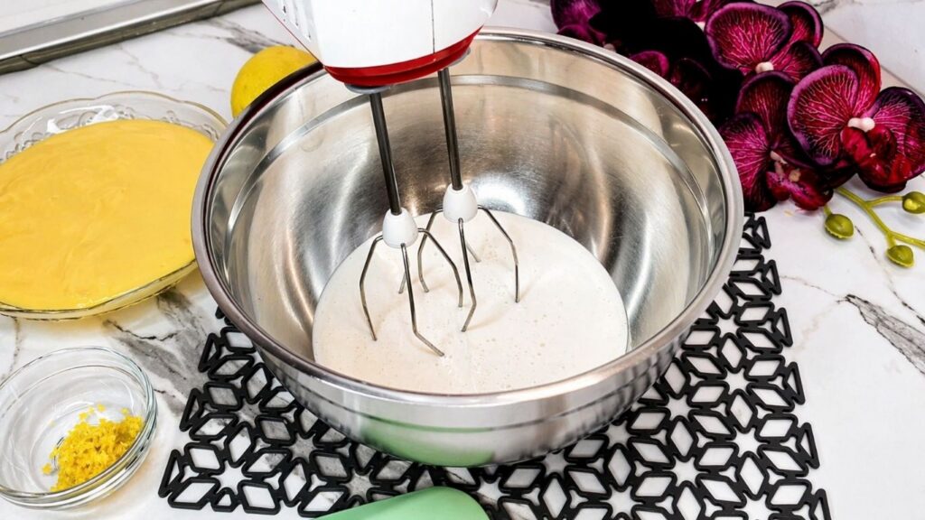 Whipping heavy cream for the cream filling of no-bake lemon cake