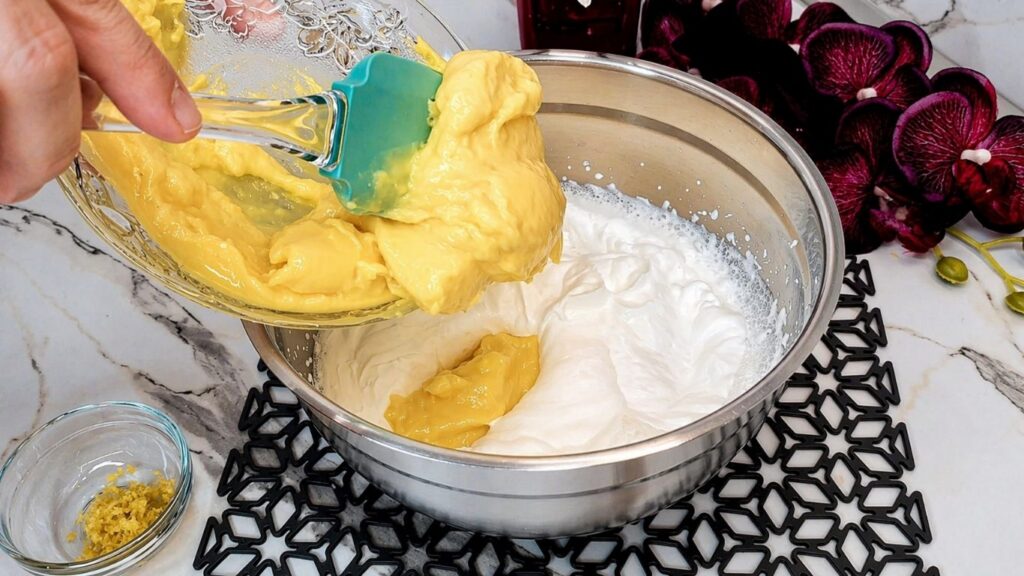 Adding cooled cream to whipped heavy cream for no-bake lemon cake filling