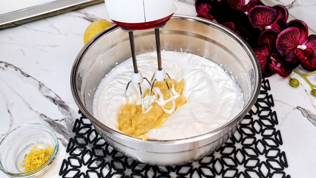 Mixing the cooked cream with whipped heavy cream for no-bake lemon cake filling