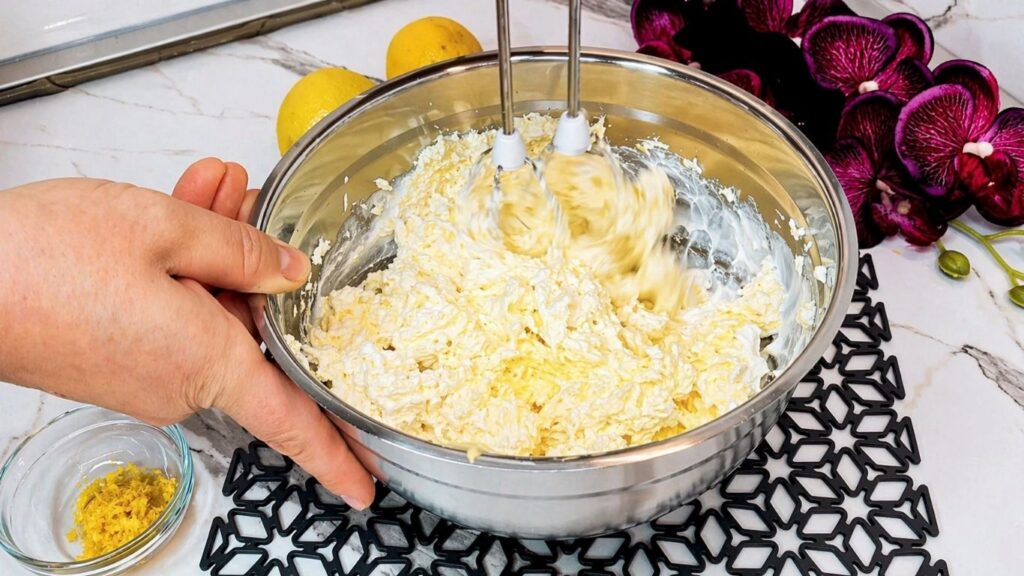 Whipped cream filling ready for assembling the no-bake lemon cake