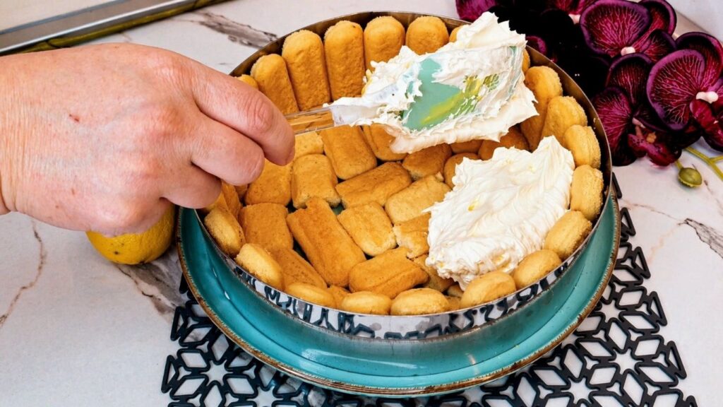 Spreading and smoothing the cream filling over ladyfingers for no-bake lemon cake