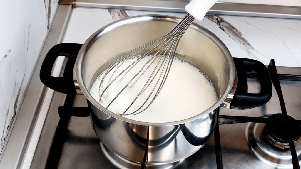 Cooking the lemon glaze for the top of the no-bake lemon cake