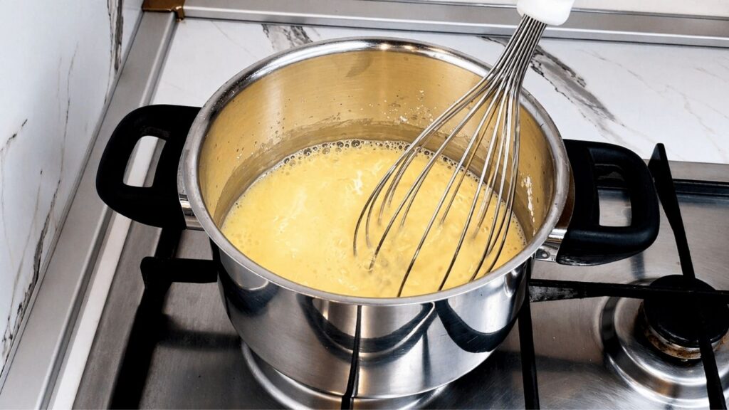 Cooking the lemon glaze for the top of the no-bake lemon cake