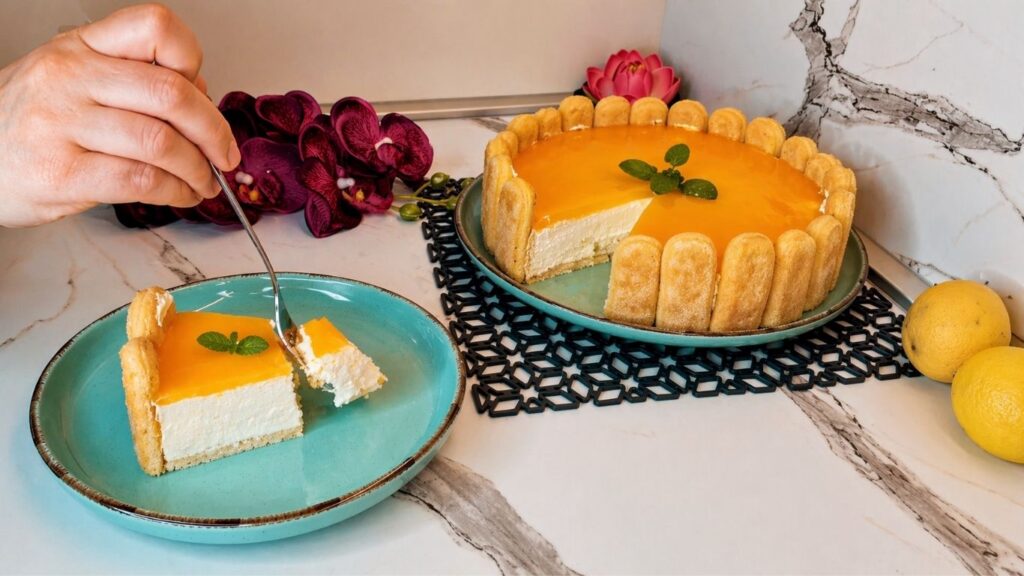 Slice of no-bake lemon cake with creamy filling, soft ladyfingers, and lemon glaze