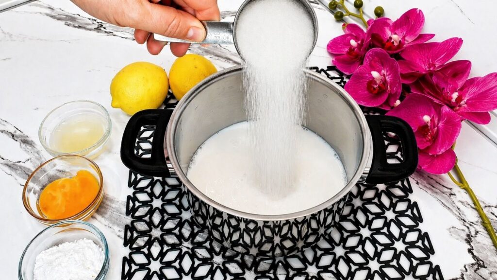 Adding sugar to milk while preparing the cream filling for no-bake lemon cake