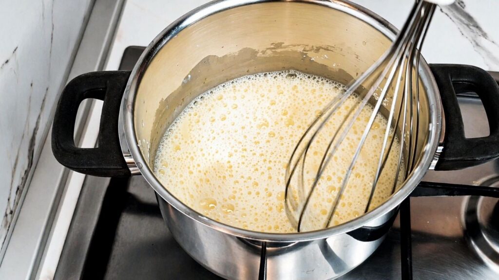 Mixed milk, sugar, cornstarch, and egg yolk for the cream filling of no-bake lemon cake