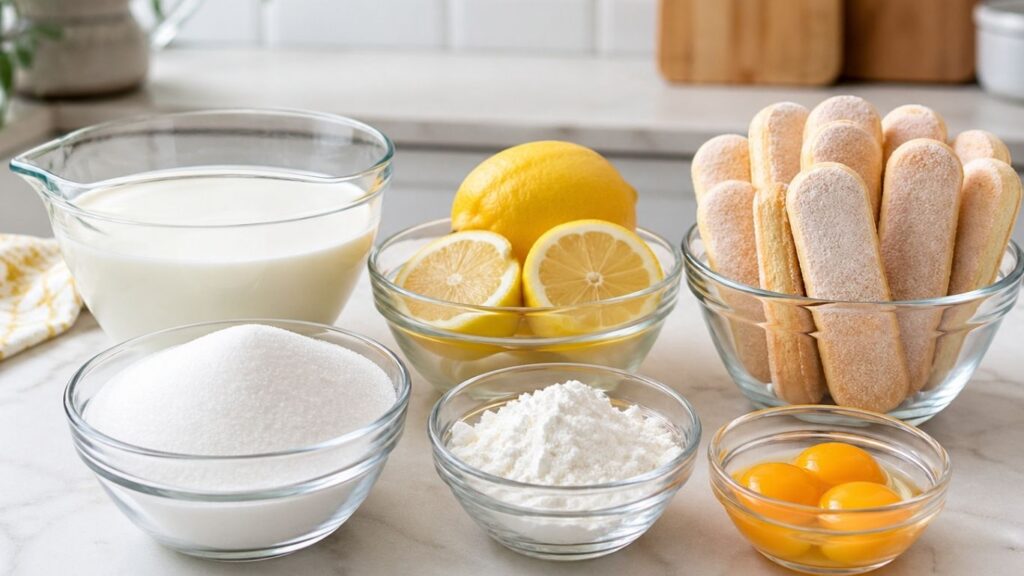 No-bake lemon cake ingredients with ladyfingers, milk, lemon, sugar, cornstarch, and egg yolk