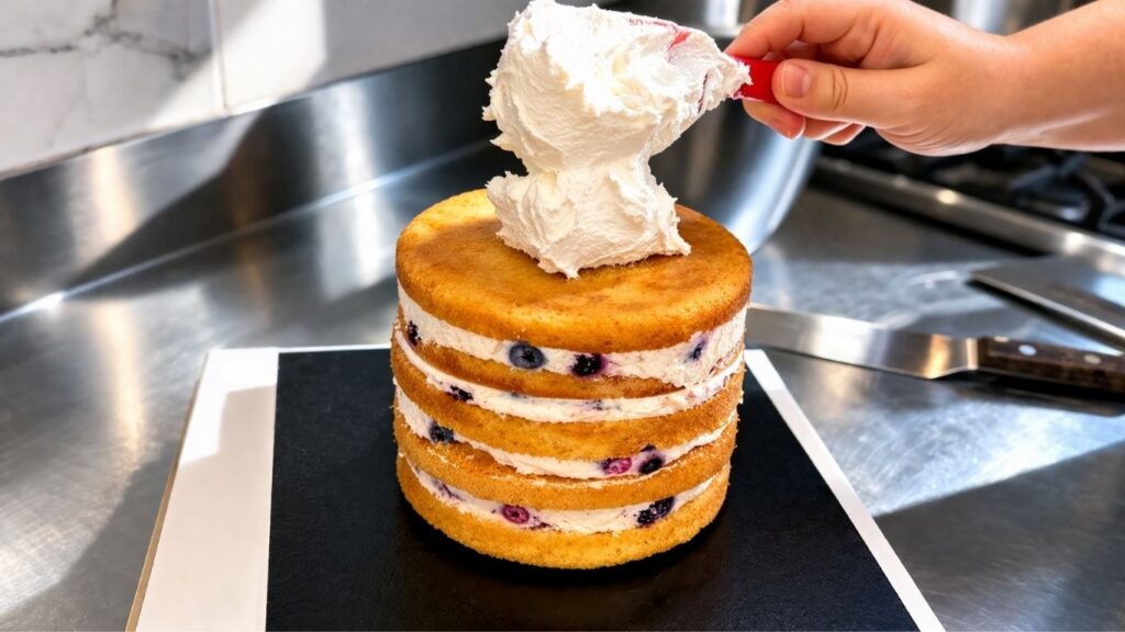 
Applying and smoothing buttercream on a two-tier 40th birthday cake before fondant decorating