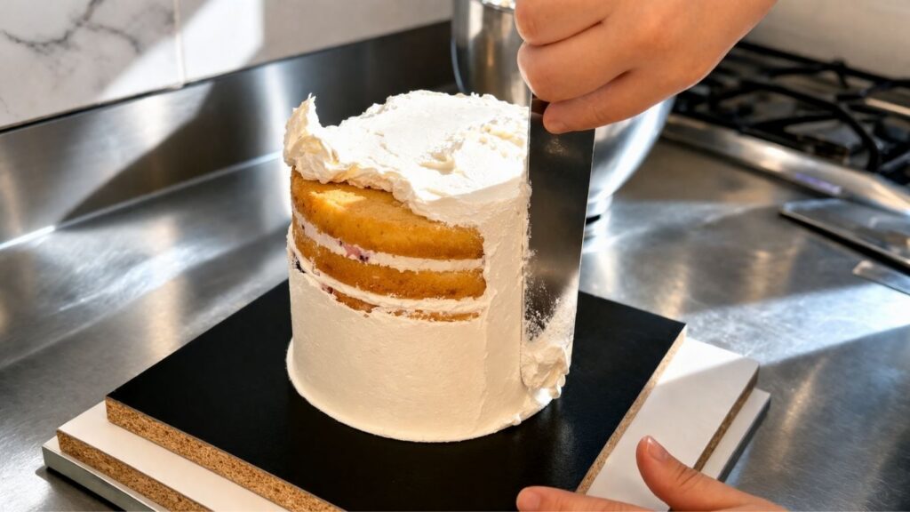 
Applying and smoothing buttercream on a two-tier 40th birthday cake before fondant decorating