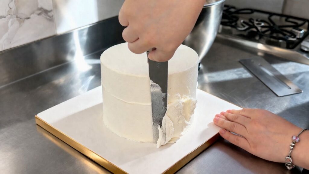 
Applying and smoothing buttercream on a two-tier 40th birthday cake before fondant decorating