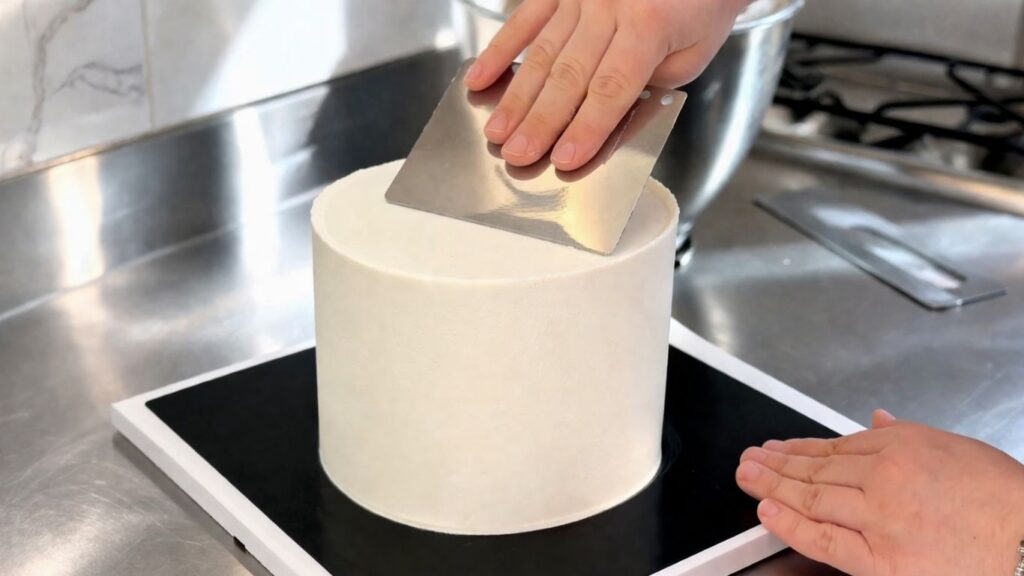 
Applying and smoothing buttercream on a two-tier 40th birthday cake before fondant decorating