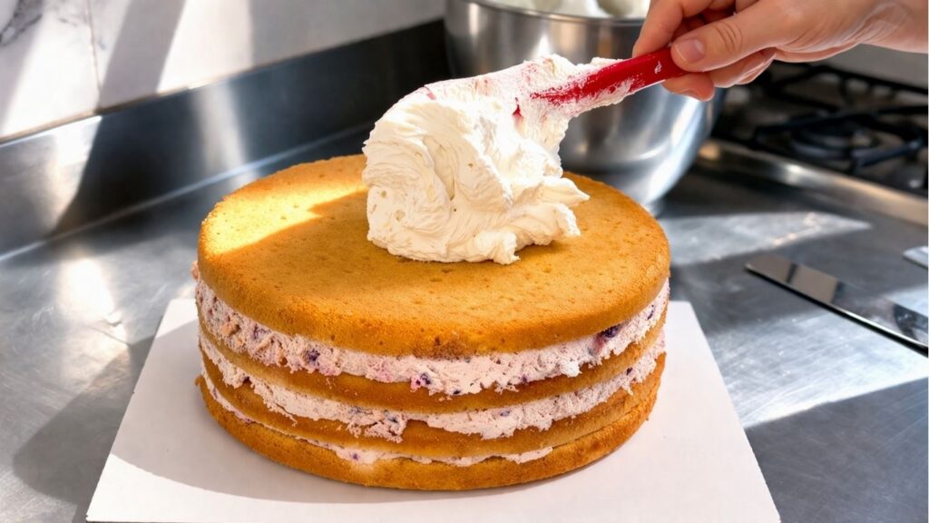 
Applying and smoothing buttercream on a two-tier 40th birthday cake before fondant decorating
