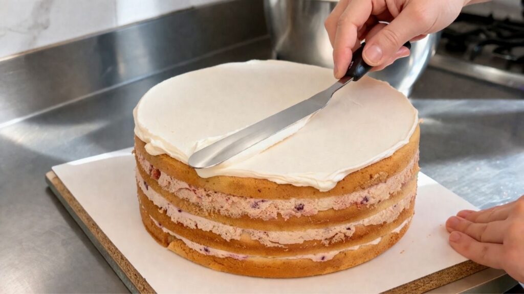 
Applying and smoothing buttercream on a two-tier 40th birthday cake before fondant decorating