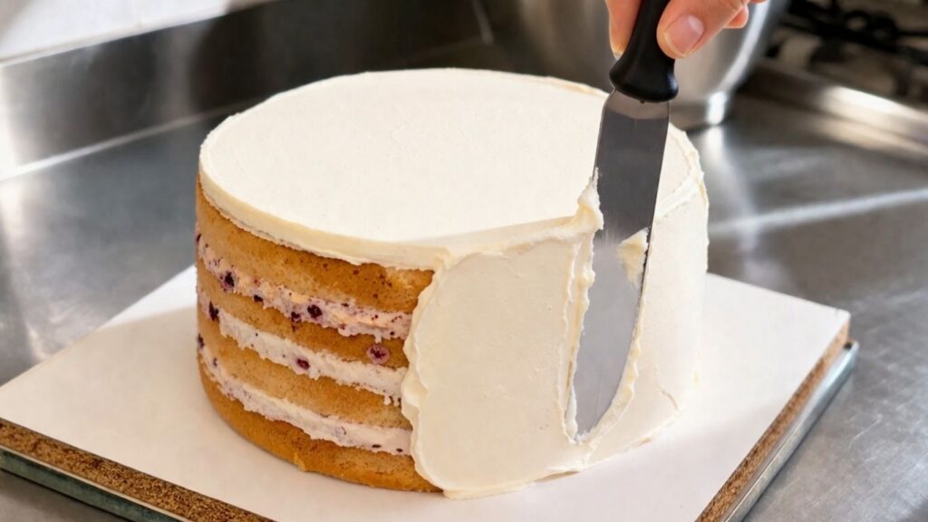 
Applying and smoothing buttercream on a two-tier 40th birthday cake before fondant decorating