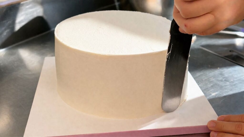 
Applying and smoothing buttercream on a two-tier 40th birthday cake before fondant decorating