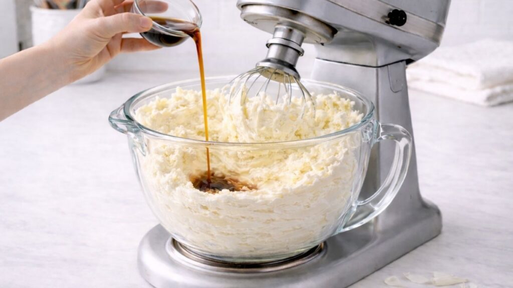 Adding vanilla extract to buttercream mixture in stand mixer for flavor and final texture
