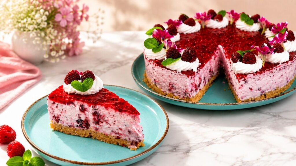 No bake raspberry yogurt cake recipe sliced on turquoise plate showing
creamy yogurt layers, graham cracker crust, and fresh raspberries with
whipped cream topping