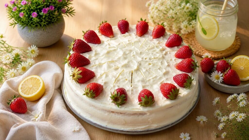 Beautiful easy strawberry cake decorated with fresh strawberries, served with lemonade and daisies on wooden table