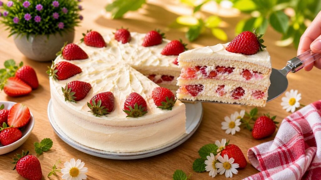 Easy strawberry cake with vanilla cream being sliced, showing fresh strawberries and layers with a piece on a cake server