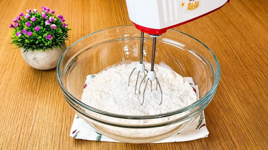 Mixing vanilla cream with a hand mixer for easy strawberry cake filling until smooth and creamy