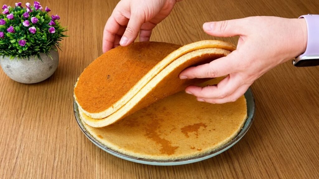 Soft vanilla sponge cake layers for easy strawberry cake held by hand before assembling the cake