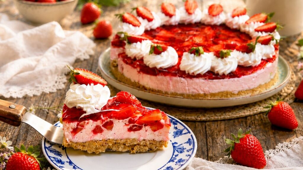 A slice of no-bake strawberry yogurt cake on a spatula over a white plate, with a creamy strawberry filling, crumb crust, and a glossy strawberry topping on the full cake in the background on a rustic wooden table.