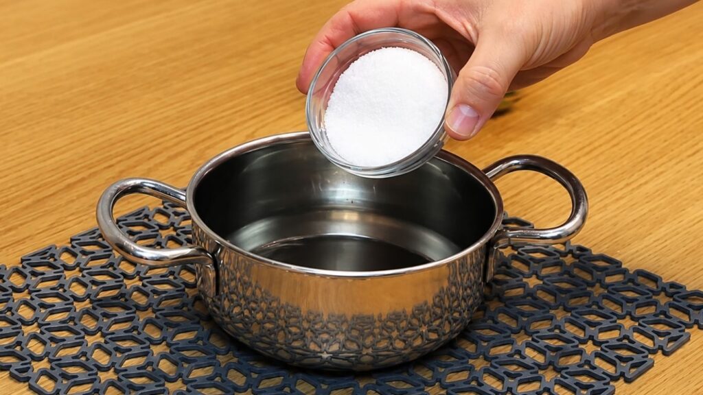 Preparing the strawberry cake glaze in a small saucepan by stirring water, sugar, and gelatin-based cake glaze mix until it just comes to a boil.