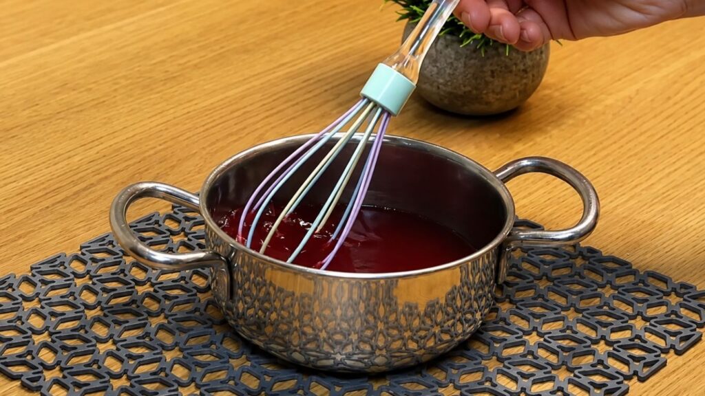 Preparing the strawberry cake glaze in a small saucepan by stirring water, sugar, and gelatin-based cake glaze mix until it just comes to a boil.