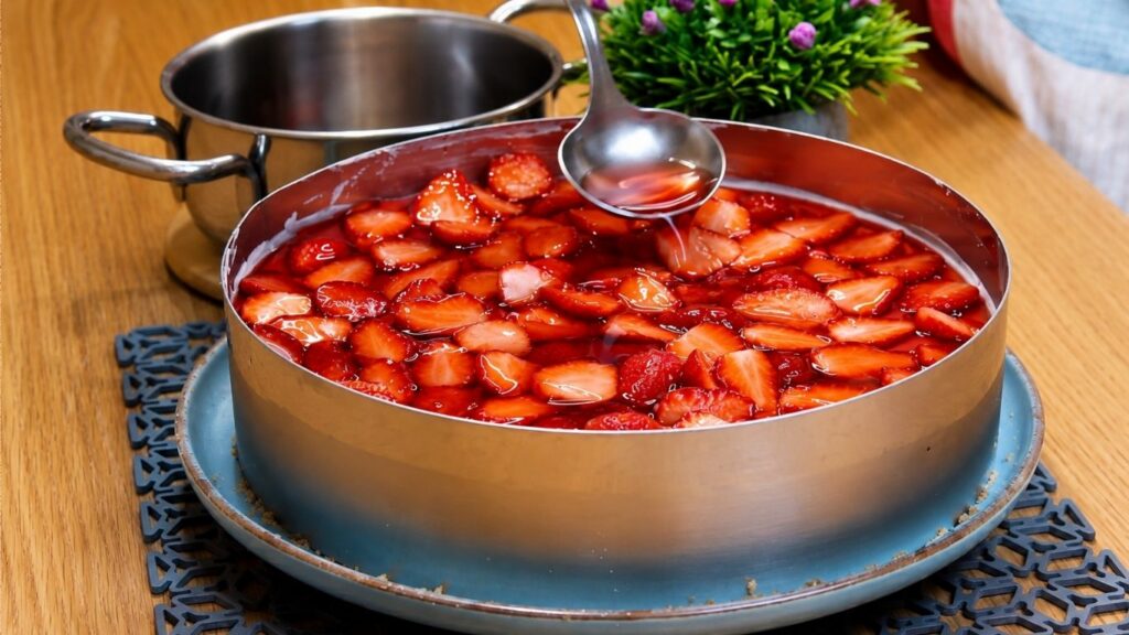 Piping the warm strawberry glaze over the sliced strawberries on top of the no-bake strawberry yogurt cake, using a large spoon to pour gently and evenly without melting the cream layer.