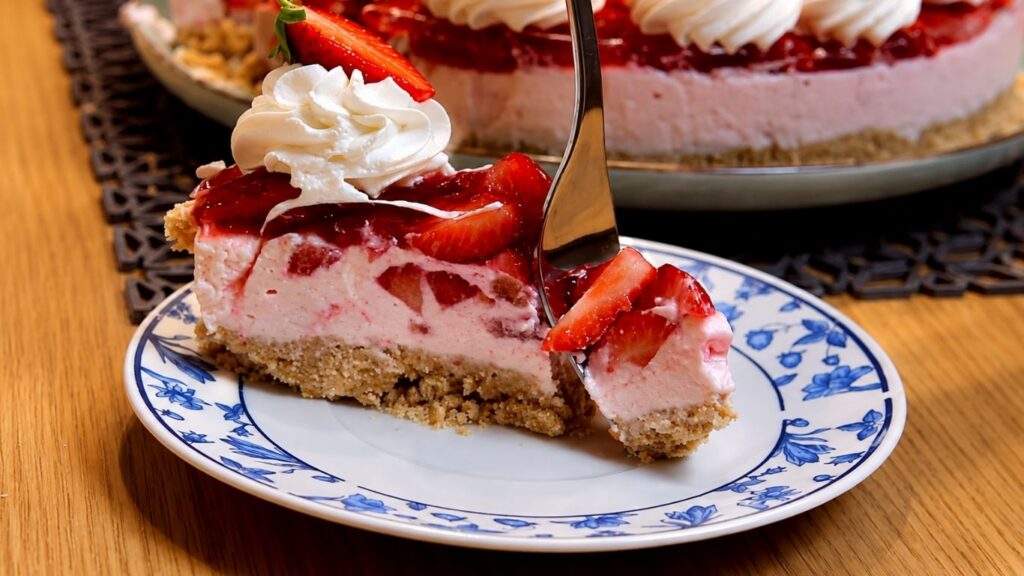 Close-up slice of no-bake strawberry yogurt cake on a blue-and-white plate, showing a crumb crust, creamy strawberry yogurt filling with fruit pieces, and a glossy strawberry topping with whipped cream and fresh strawberries in the background.