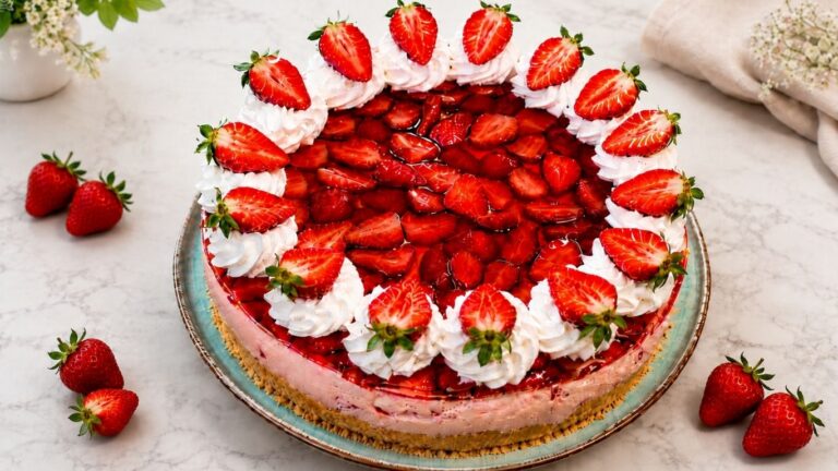 No-bake strawberry yogurt cake on a turquoise plate, topped with glossy strawberry slices and a ring of whipped cream rosettes with fresh strawberry halves on a light marble background.