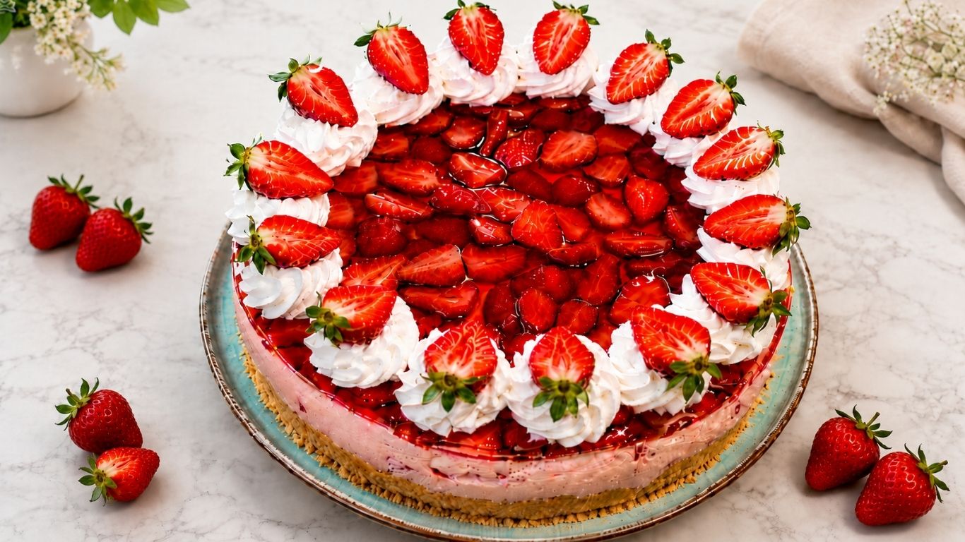 No-bake strawberry yogurt cake on a turquoise plate, topped with glossy strawberry slices and a ring of whipped cream rosettes with fresh strawberry halves on a light marble background.