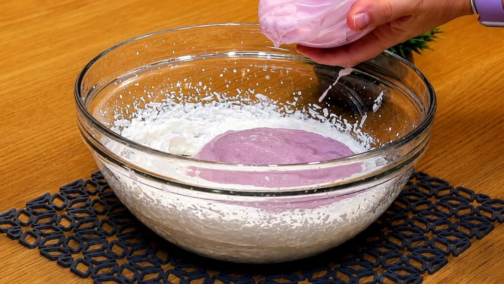 Adding strawberry yogurt, sugar, vanilla extract, and chopped strawberries into the whipped cream, then mixing gently until the filling is smooth and evenly combined.